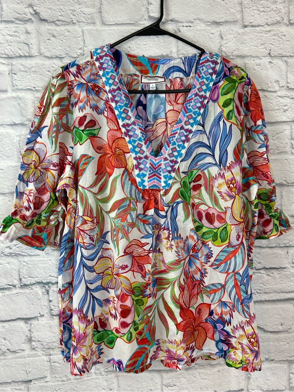 Johnny Was Workshop L Floral Cotton Tunic Blouse Embroidered V Neck Boho